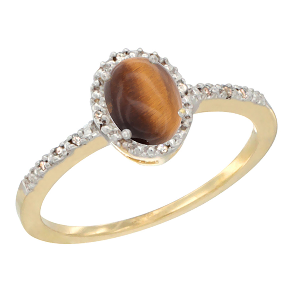 14K Yellow Gold Diamond Natural Tiger Eye Engagement Ring Oval 7x5 mm, sizes 5 - 10