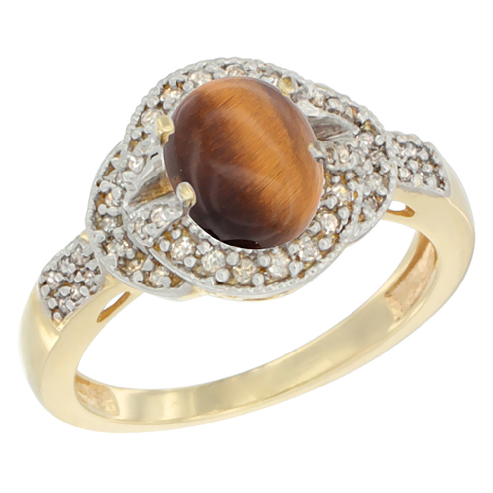 14K Yellow Gold Natural Tiger Eye Ring Oval 8x6 mm Diamond Accent, sizes 5 - 10