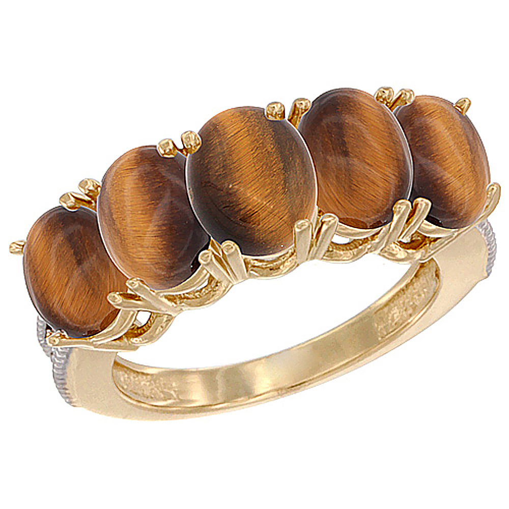 14K Yellow Gold Natural Tiger Eye 0.75 ct. Oval 7x5mm 5-Stone Mother's Ring with Diamond Accents, sizes 5 to 10 with half sizes