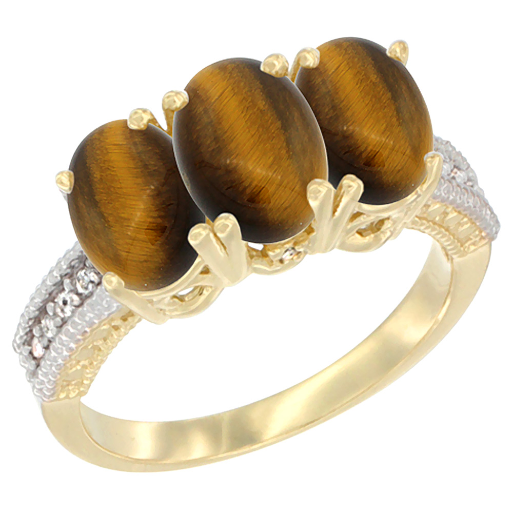 10K Yellow Gold Natural Tiger Eye Ring 3-Stone Oval 7x5 mm Diamond Accent, sizes 5 - 10