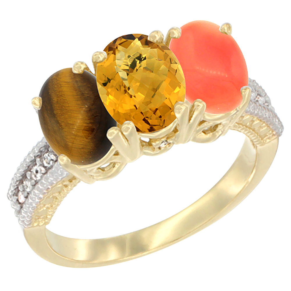 10K Yellow Gold Natural Tiger Eye, Whisky Quartz & Coral Ring 3-Stone Oval 7x5 mm Diamond Accent, sizes 5 - 10