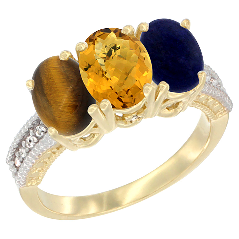 10K Yellow Gold Natural Tiger Eye, Whisky Quartz & Lapis Ring 3-Stone Oval 7x5 mm Diamond Accent, sizes 5 - 10