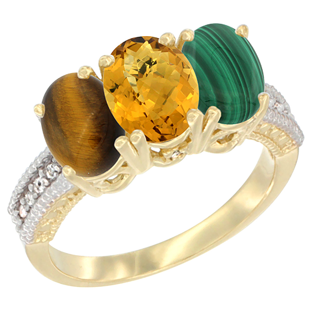 10K Yellow Gold Natural Tiger Eye, Whisky Quartz & Malachite Ring 3-Stone Oval 7x5 mm Diamond Accent, sizes 5 - 10