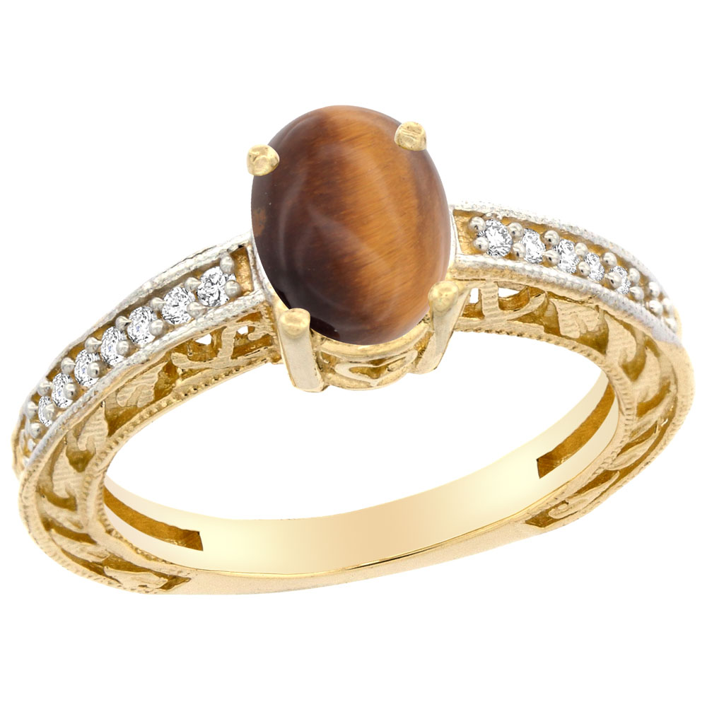 14K Gold Natural Tiger Eye Ring Oval 8x6 mm Diamond Accents, sizes 5 - 10