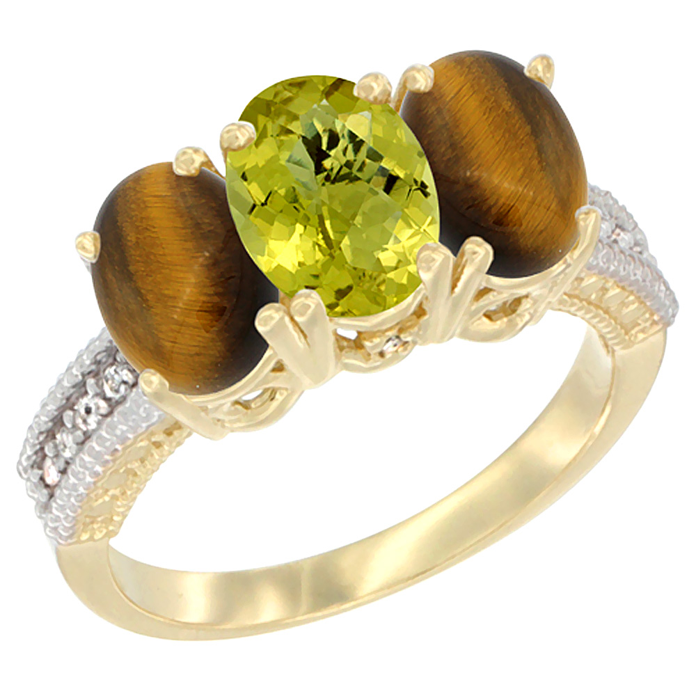 10K Yellow Gold Natural Lemon Quartz & Tiger Eye Ring 3-Stone Oval 7x5 mm Diamond Accent, sizes 5 - 10