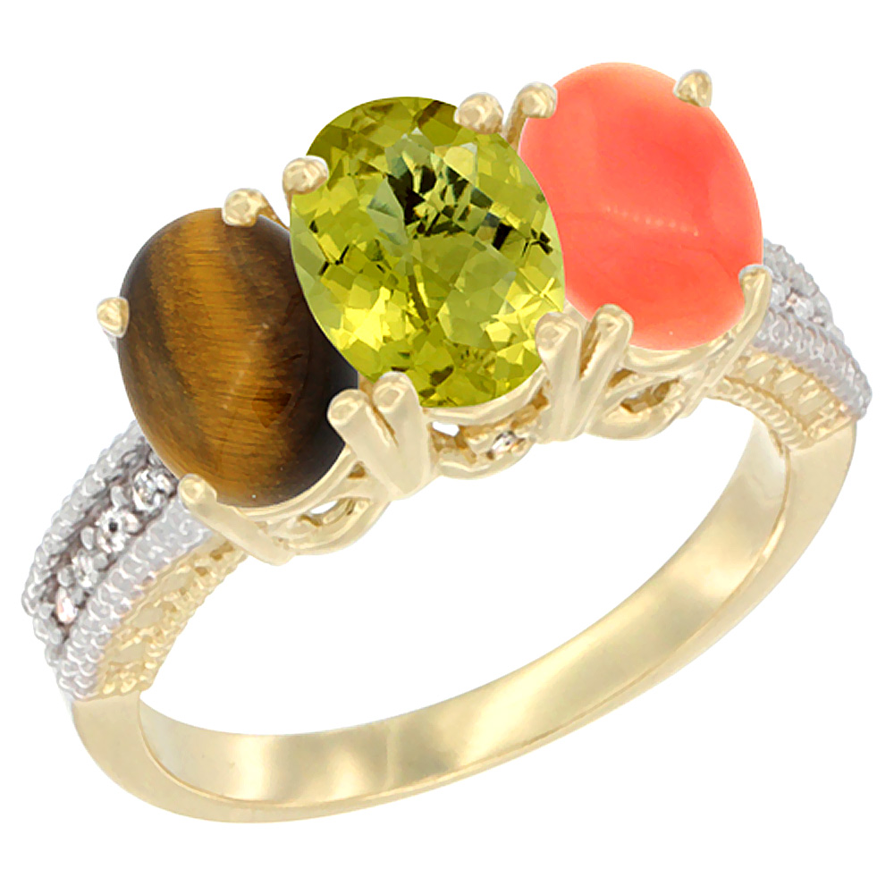 10K Yellow Gold Natural Tiger Eye, Lemon Quartz & Coral Ring 3-Stone Oval 7x5 mm Diamond Accent, sizes 5 - 10