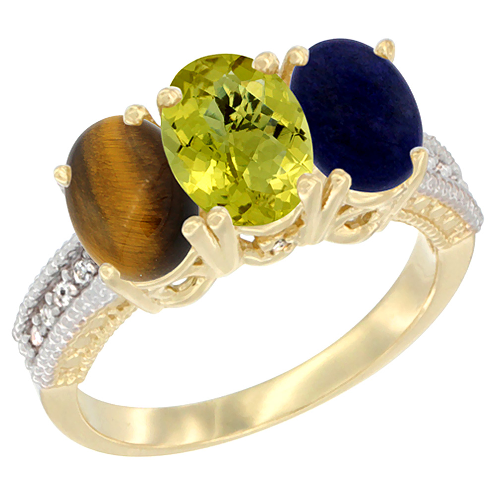10K Yellow Gold Natural Tiger Eye, Lemon Quartz & Lapis Ring 3-Stone Oval 7x5 mm Diamond Accent, sizes 5 - 10