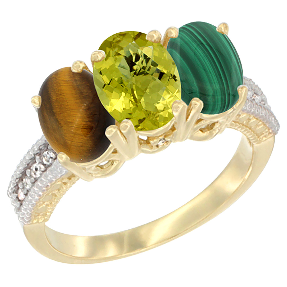 10K Yellow Gold Natural Tiger Eye, Lemon Quartz & Malachite Ring 3-Stone Oval 7x5 mm Diamond Accent, sizes 5 - 10