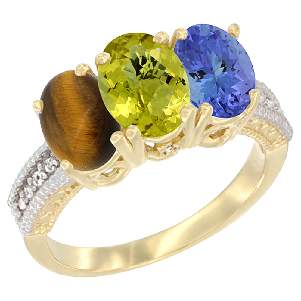 10K Yellow Gold Natural Tiger Eye, Lemon Quartz & Tanzanite Ring 3-Stone Oval 7x5 mm Diamond Accent, sizes 5 - 10