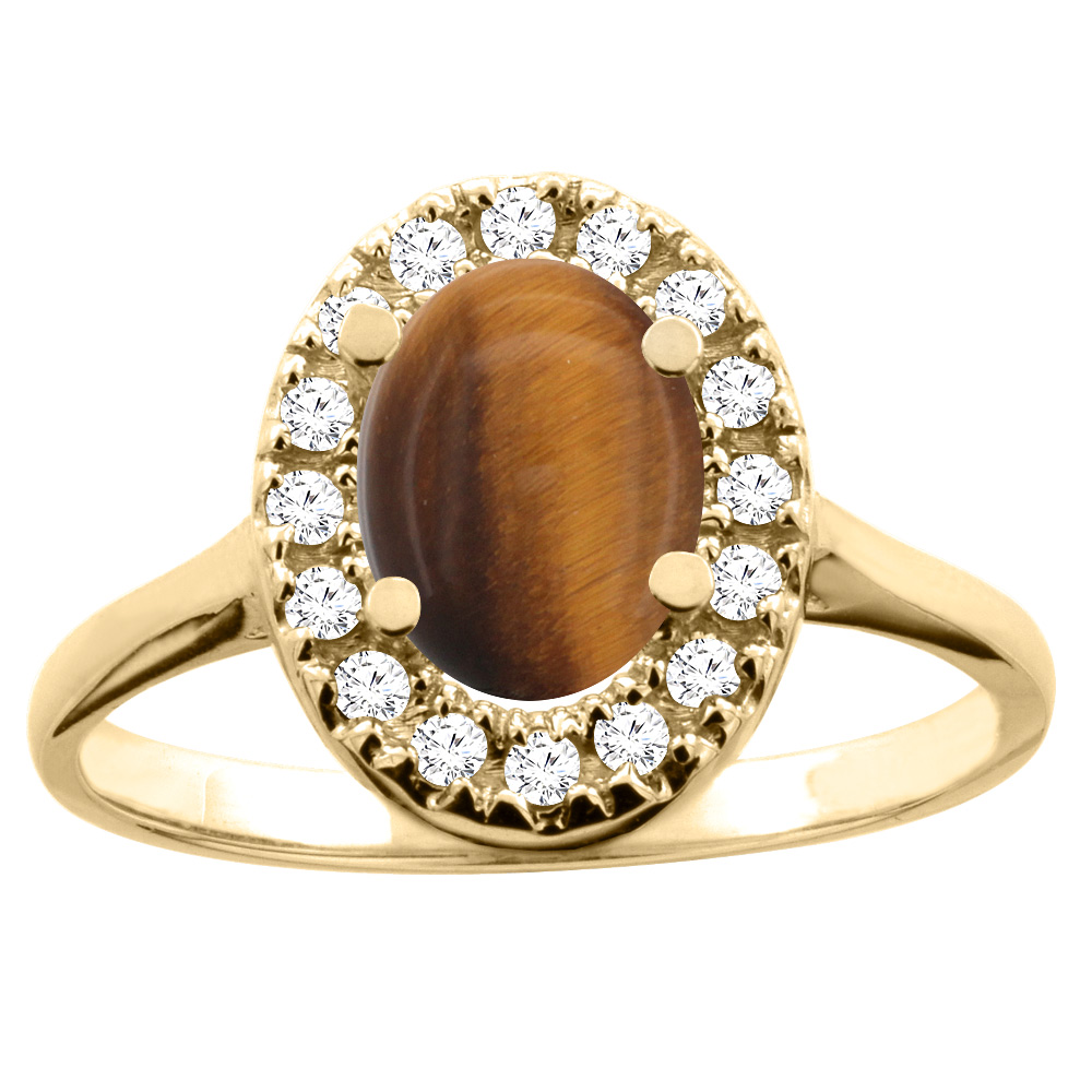 14K White/Yellow Gold Natural Tiger Eye Ring Oval 8x6mm Diamond Accent, sizes 5 - 10