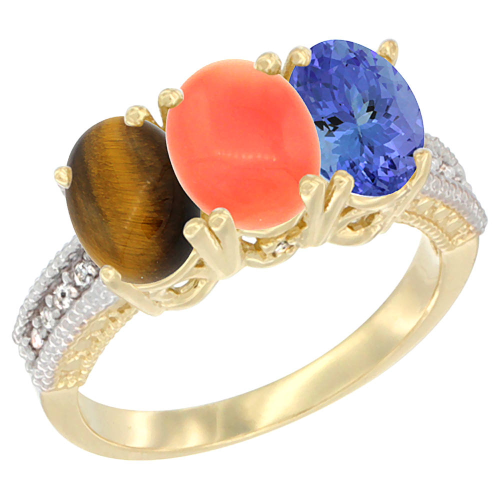 10K Yellow Gold Natural Tiger Eye, Coral & Tanzanite Ring 3-Stone Oval 7x5 mm Diamond Accent, sizes 5 - 10