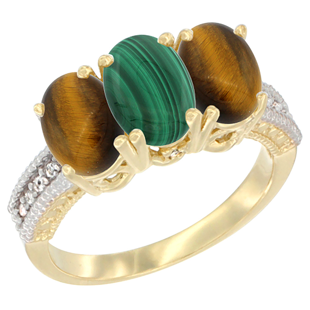 10K Yellow Gold Natural Malachite & Tiger Eye Ring 3-Stone Oval 7x5 mm Diamond Accent, sizes 5 - 10