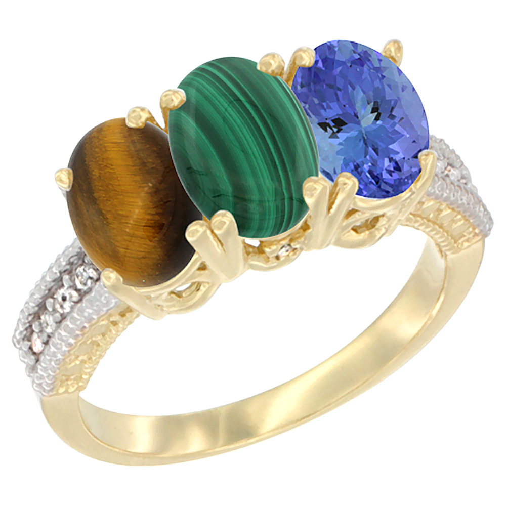 10K Yellow Gold Natural Tiger Eye, Malachite & Tanzanite Ring 3-Stone Oval 7x5 mm Diamond Accent, sizes 5 - 10