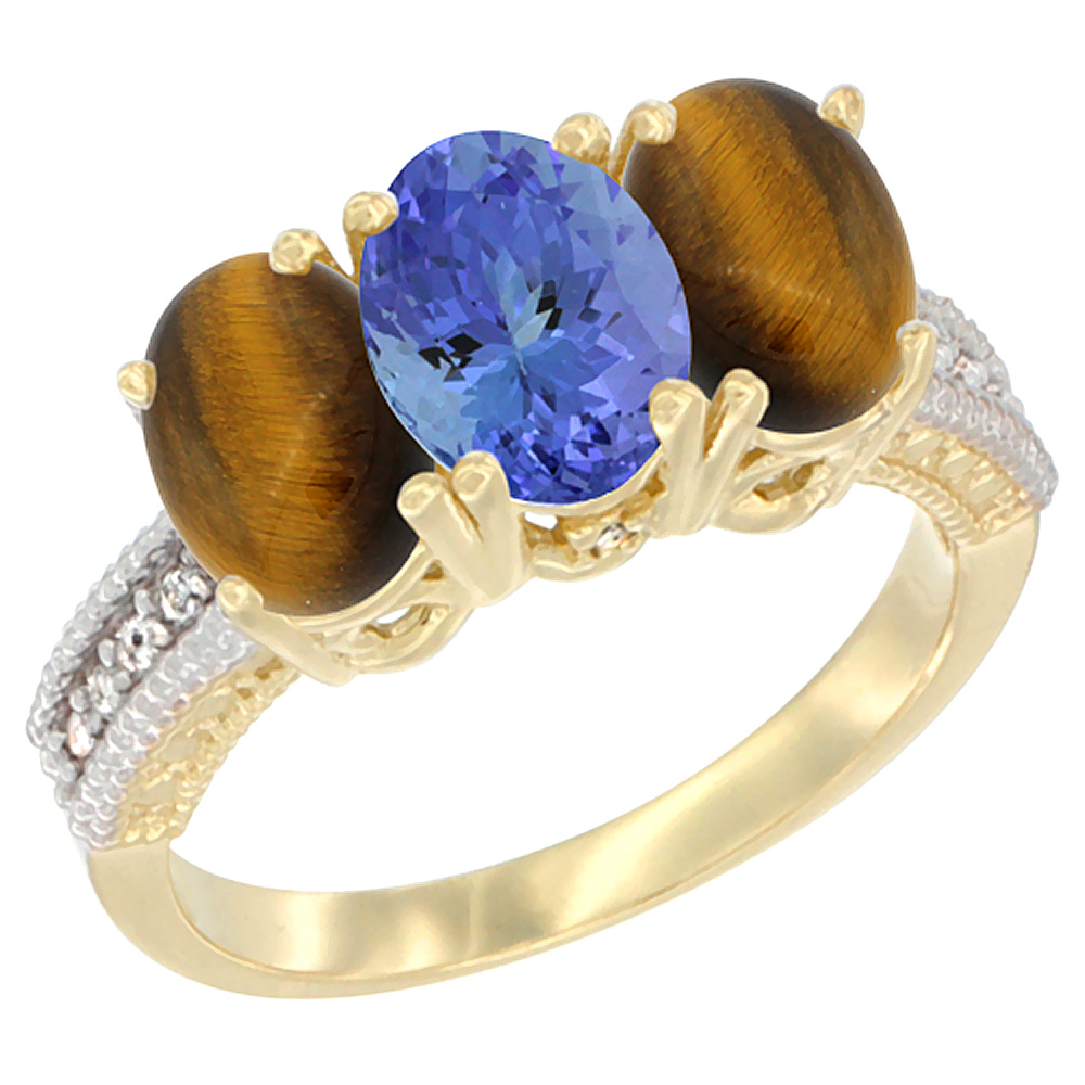 10K Yellow Gold Natural Tanzanite & Tiger Eye Sides Ring 3-Stone Oval 7x5 mm Diamond Accent, sizes 5 - 10