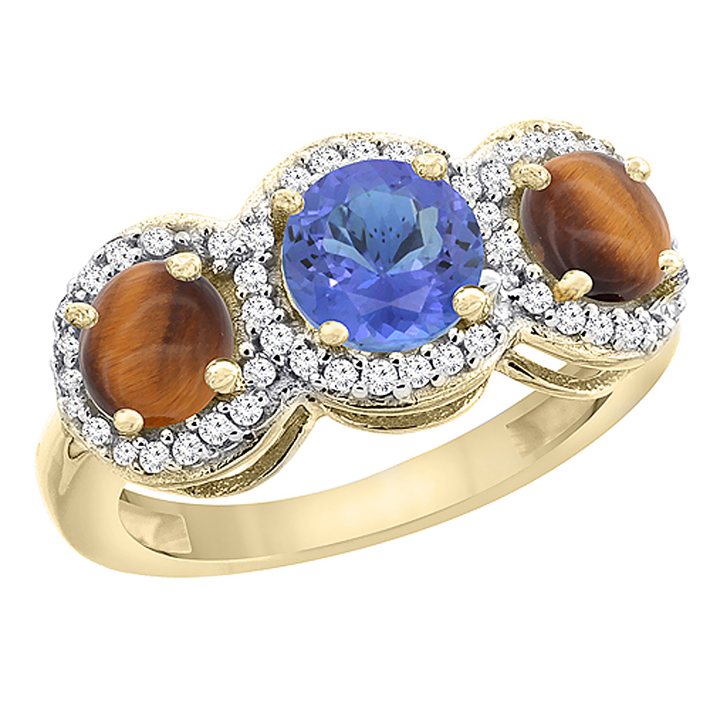 10K Yellow Gold Natural Tanzanite & Tiger Eye Sides Round 3-stone Ring Diamond Accents, sizes 5 - 10