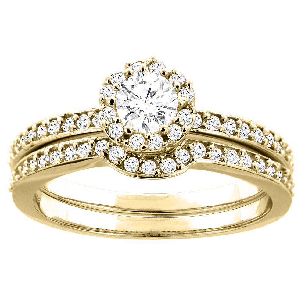 14K Yellow Gold 0.61 ct Round Diamond Halo 2-pc Bridal Ring Set, sizes 5 - 10
