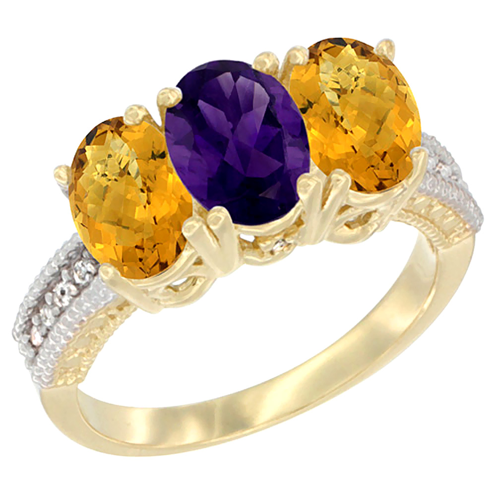 10K Yellow Gold Natural Amethyst & Whisky Quartz Sides Ring 3-Stone Oval 7x5 mm Diamond Accent, sizes 5 - 10