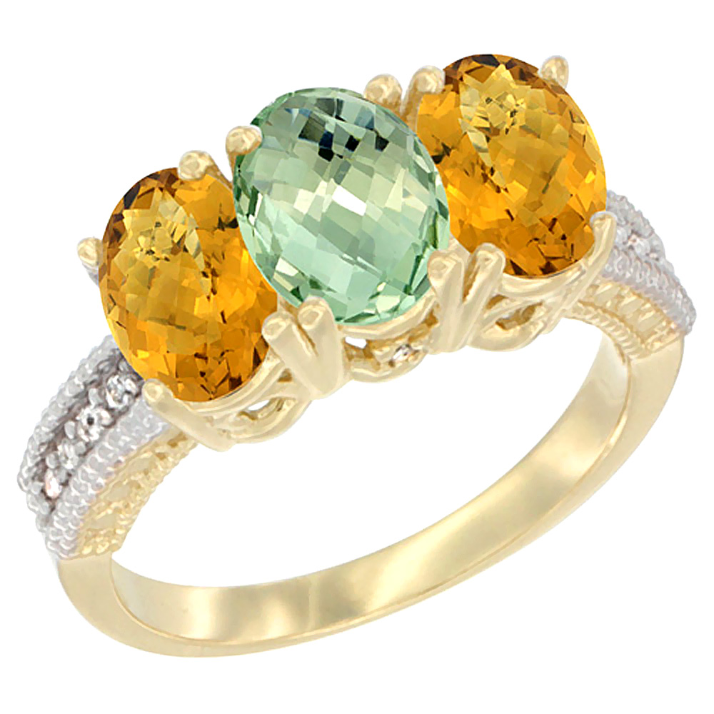 10K Yellow Gold Natural Green Amethyst & Whisky Quartz Sides Ring 3-Stone Oval 7x5 mm Diamond Accent, sizes 5 - 10