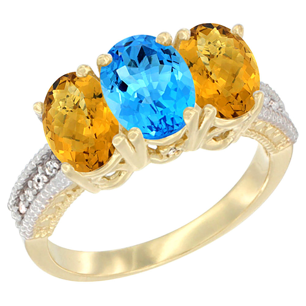 10K Yellow Gold Natural Swiss Blue Topaz & Whisky Quartz Sides Ring 3-Stone Oval 7x5 mm Diamond Accent, sizes 5 - 10