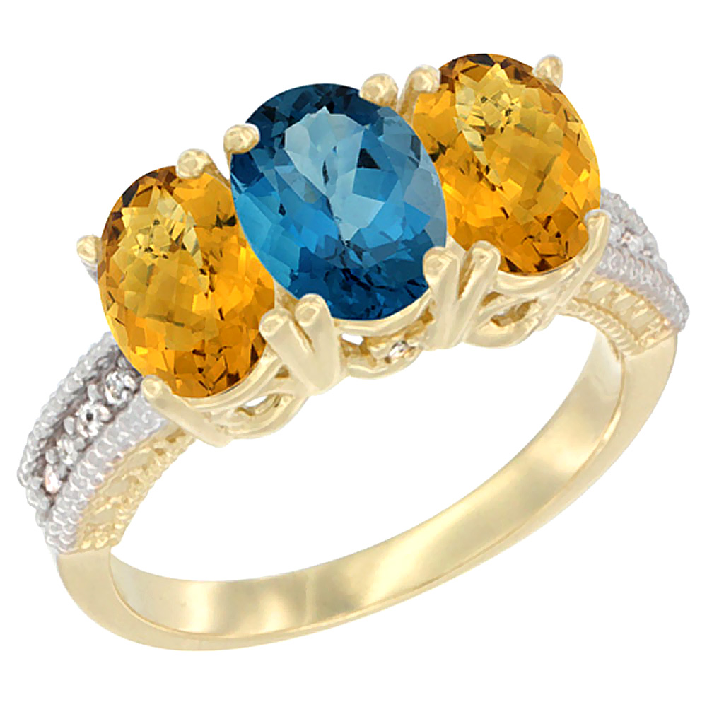 10K Yellow Gold Natural London Blue Topaz & Whisky Quartz Sides Ring 3-Stone Oval 7x5 mm Diamond Accent, sizes 5 - 10