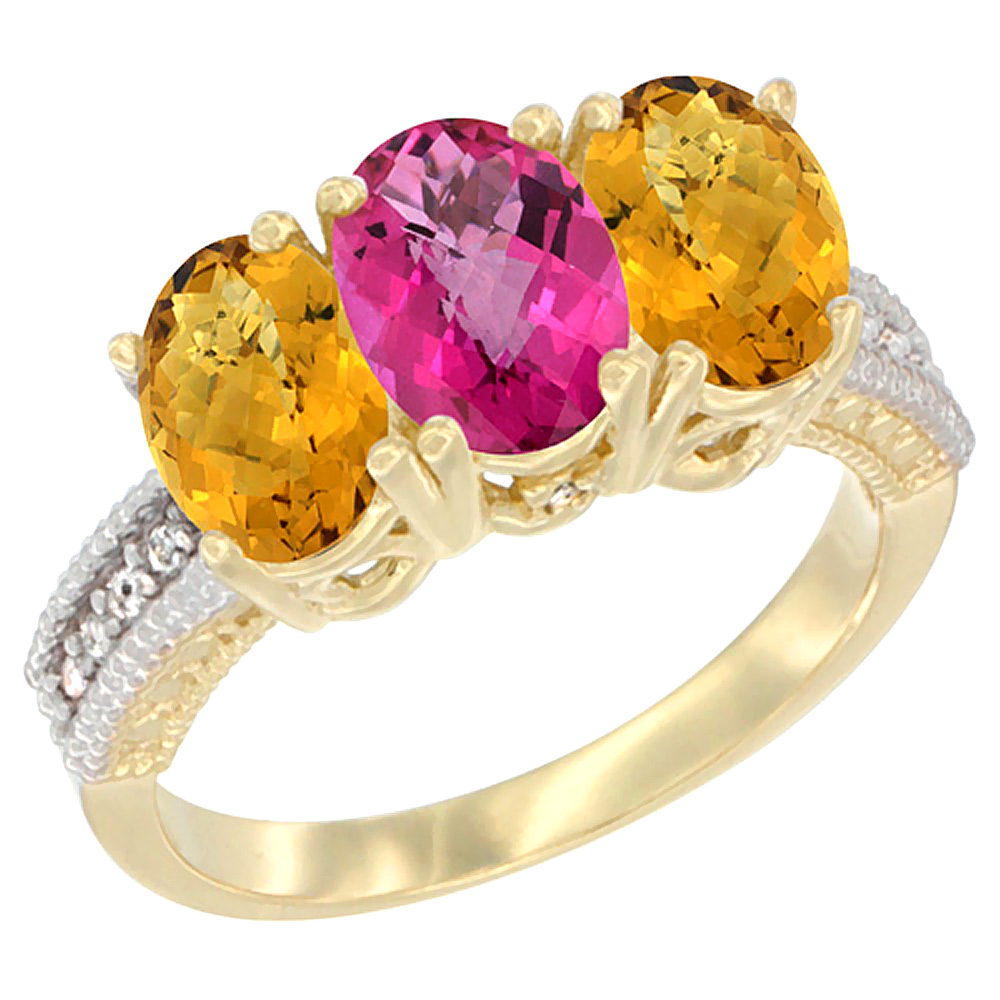 10K Yellow Gold Natural Pink Topaz & Whisky Quartz Sides Ring 3-Stone Oval 7x5 mm Diamond Accent, sizes 5 - 10