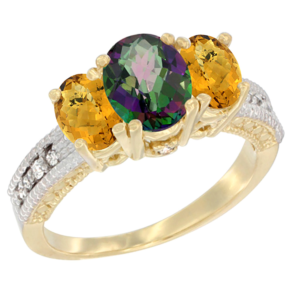 14K Yellow Gold Diamond Natural Mystic Topaz Ring Oval 3-stone with Whisky Quartz, sizes 5 - 10