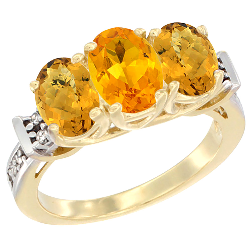 14K Yellow Gold Natural Citrine & Whisky Quartz Sides Ring 3-Stone Oval Diamond Accent, sizes 5 - 10