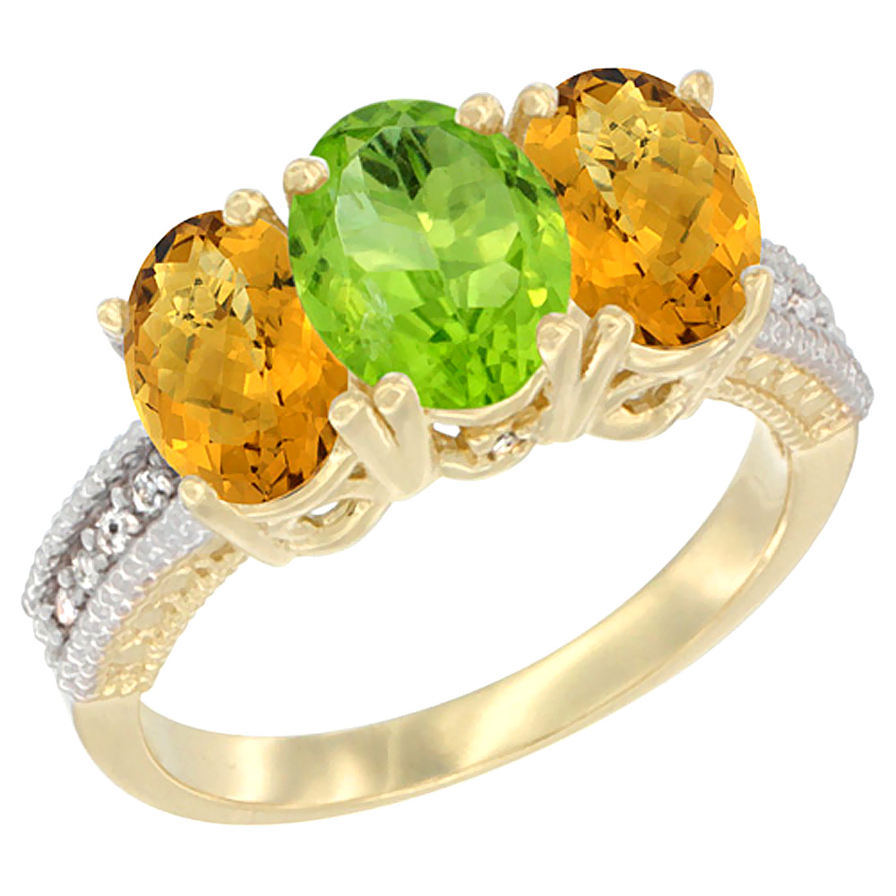 10K Yellow Gold Natural Peridot & Whisky Quartz Sides Ring 3-Stone Oval 7x5 mm Diamond Accent, sizes 5 - 10