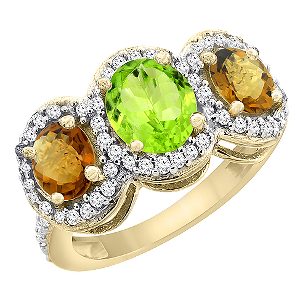 10K Yellow Gold Natural Peridot & Whisky Quartz 3-Stone Ring Oval Diamond Accent, sizes 5 - 10