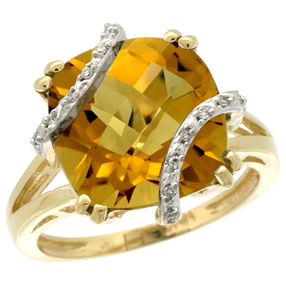 14K Yellow Gold Natural Whisky Quartz Ring Cushion-cut 12x12mm Diamond Accent, sizes 5-10
