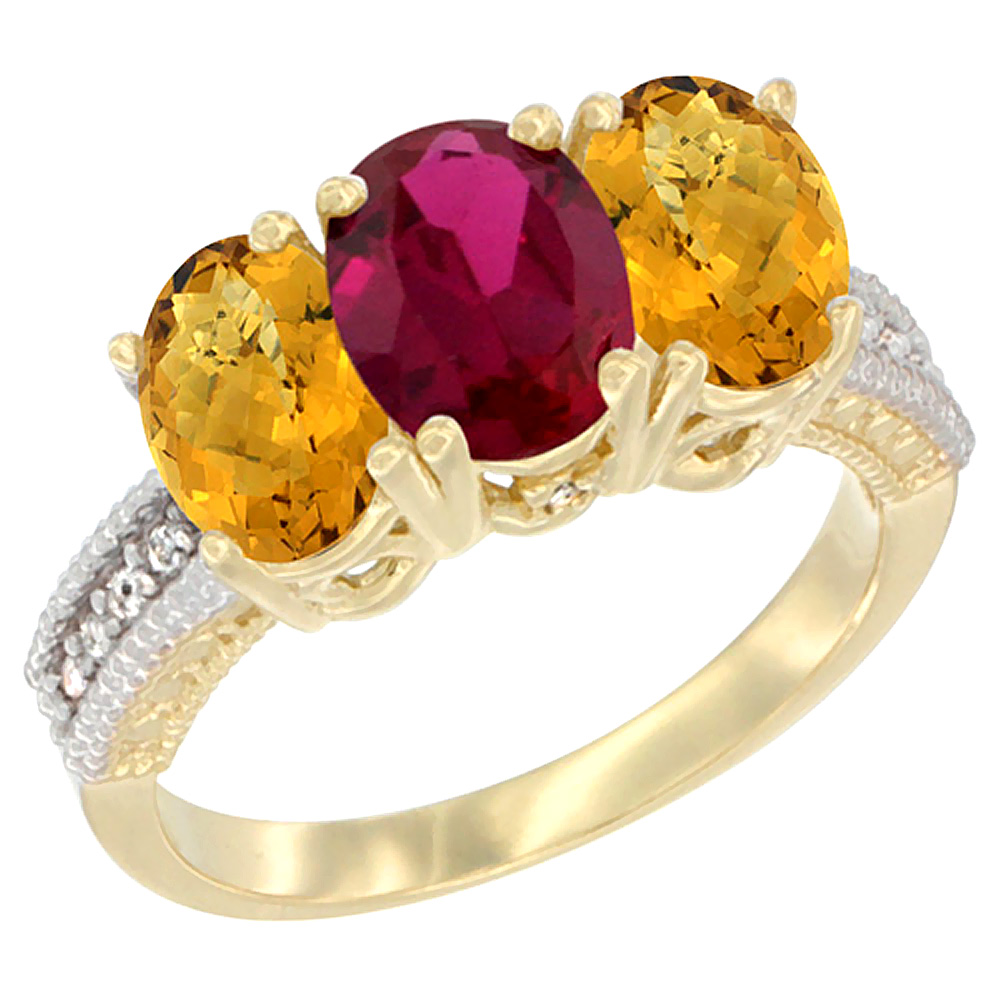 10K Yellow Gold Enhanced Ruby & Natural Whisky Quartz Sides Ring 3-Stone Oval 7x5 mm Diamond Accent, sizes 5 - 10
