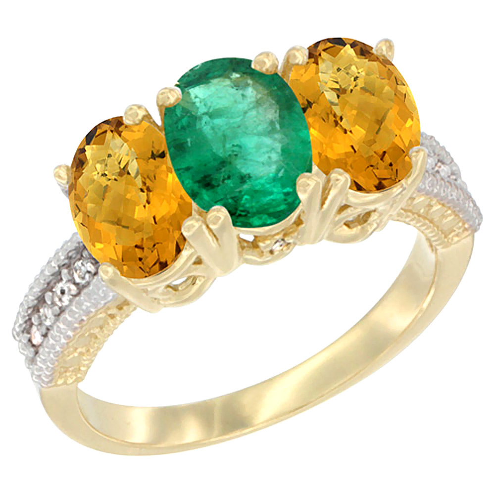 10K Yellow Gold Natural Emerald & Whisky Quartz Sides Ring 3-Stone Oval 7x5 mm Diamond Accent, sizes 5 - 10