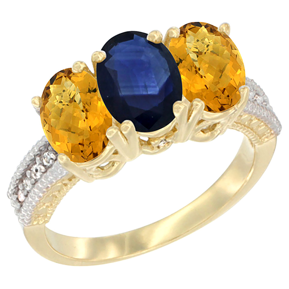 10K Yellow Gold Natural Blue Sapphire & Whisky Quartz Sides Ring 3-Stone Oval 7x5 mm Diamond Accent, sizes 5 - 10