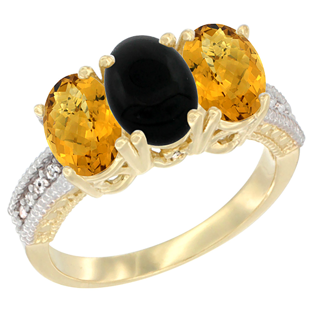 10K Yellow Gold Natural Black Onyx & Whisky Quartz Sides Ring 3-Stone Oval 7x5 mm Diamond Accent, sizes 5 - 10