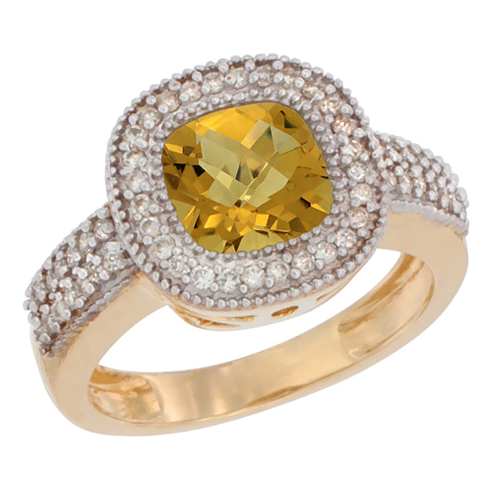 14K Yellow Gold Natural Whisky Quartz Ring Cushion-cut 7x7mm Diamond Accent, sizes 5-10