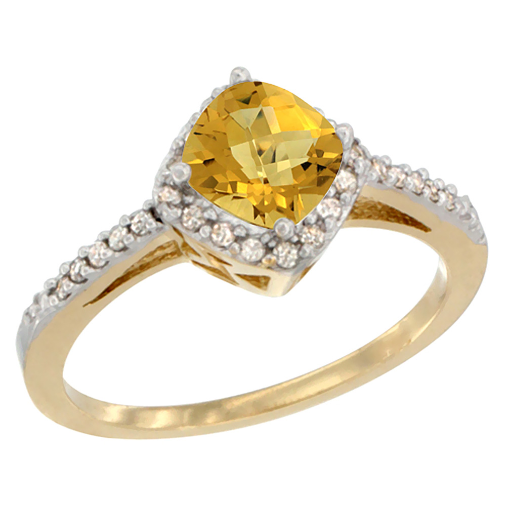 10K Yellow Gold Natural Whisky Quartz Ring Cushion-cut 6mm Halo Diamond Accent, sizes 5 - 10