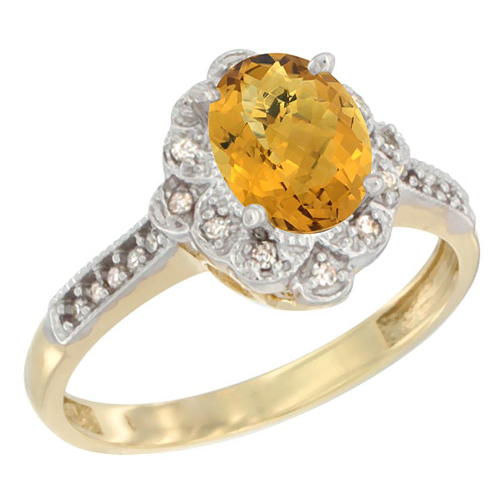 14K Yellow Gold Natural Whisky Quartz Ring Oval 8x6 mm Floral Diamond Halo, sizes 5 - 10