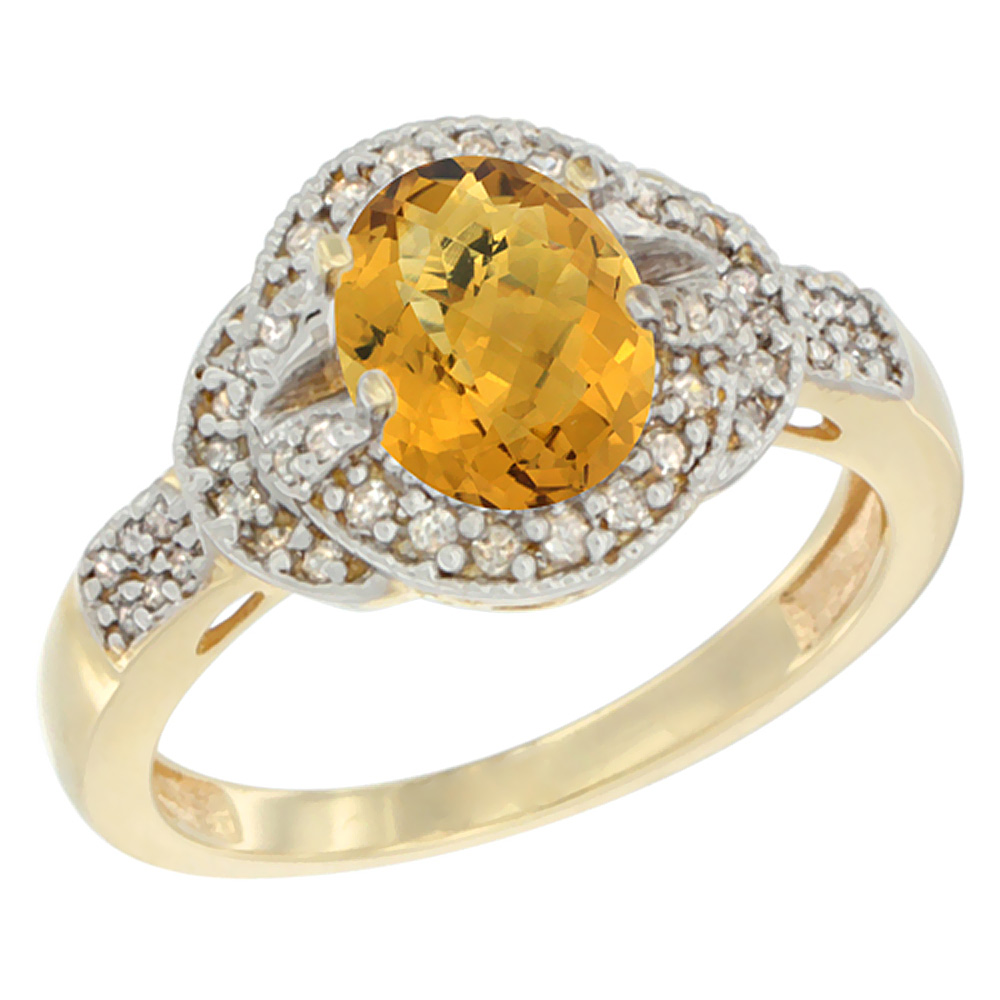 14K Yellow Gold Natural Whisky Quartz Ring Oval 8x6 mm Diamond Accent, sizes 5 - 10