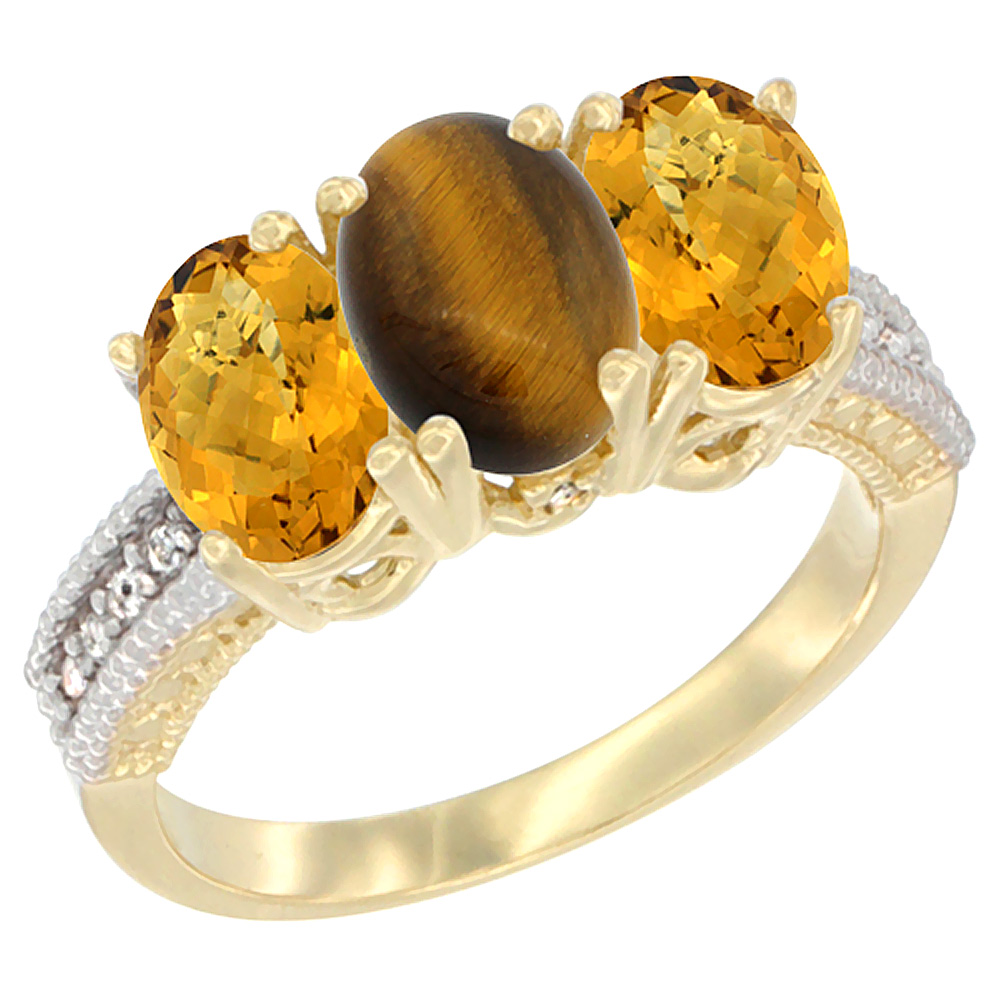 10K Yellow Gold Natural Tiger Eye & Whisky Quartz Sides Ring 3-Stone Oval 7x5 mm Diamond Accent, sizes 5 - 10