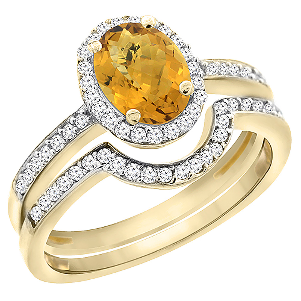 14K Yellow Gold Diamond Natural Whisky Quartz 2-Pc. Engagement Ring Set Oval 8x6 mm, sizes 5 - 10