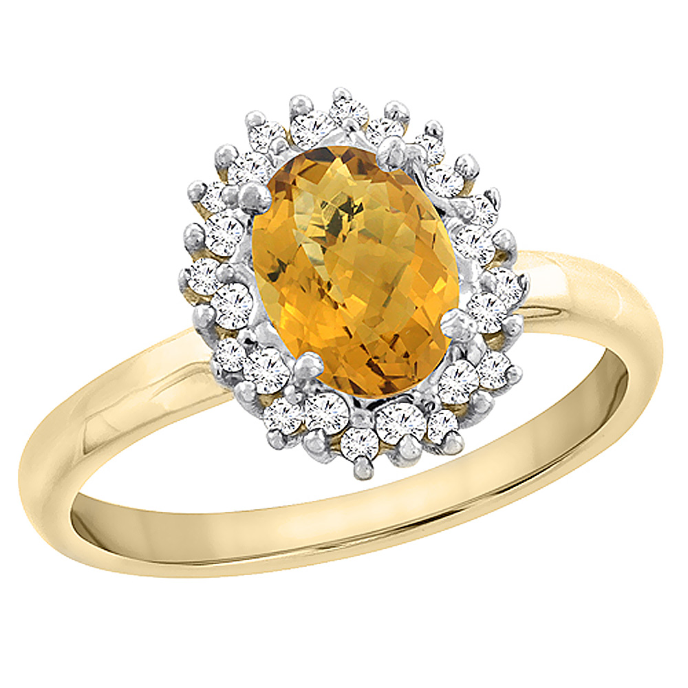 14K Yellow Gold Diamond Natural Whisky Quartz Engagement Ring Oval 7x5mm, sizes 5 - 10