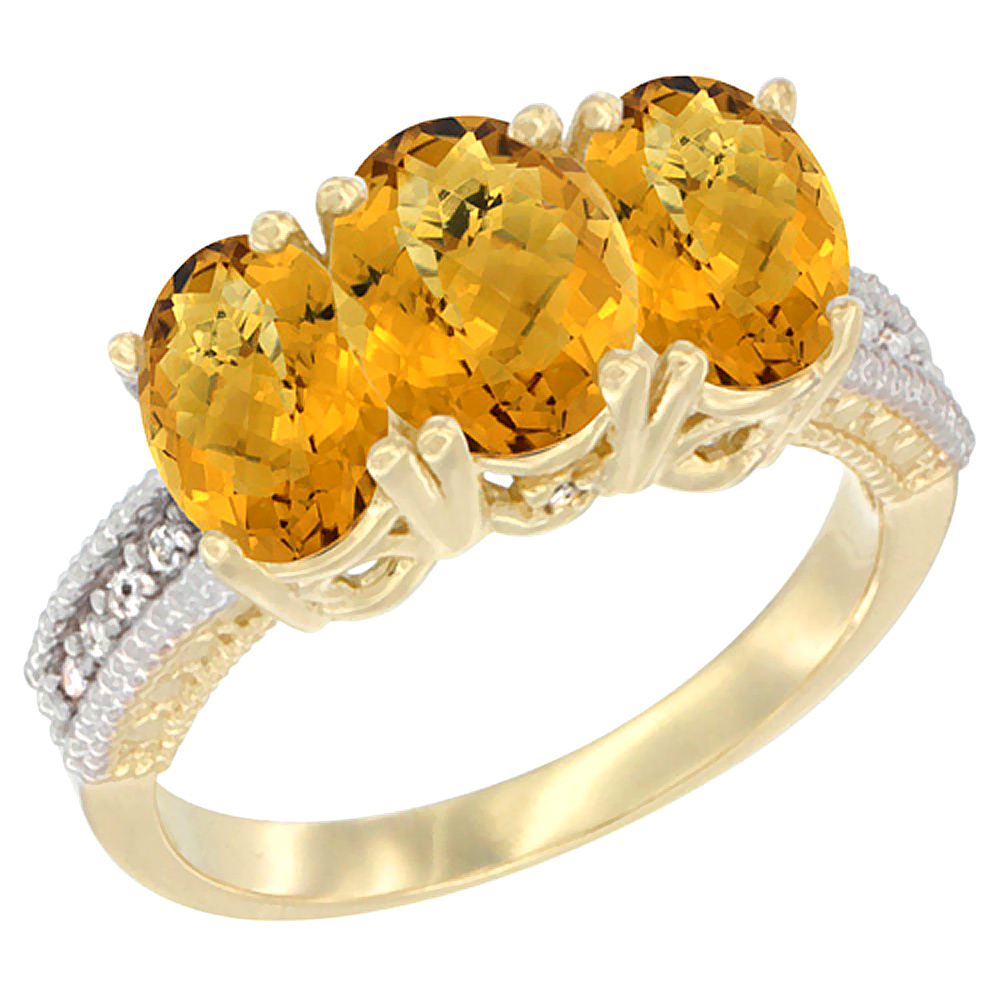 10K Yellow Gold Natural Whisky Quartz Ring 3-Stone Oval 7x5 mm Diamond Accent, sizes 5 - 10