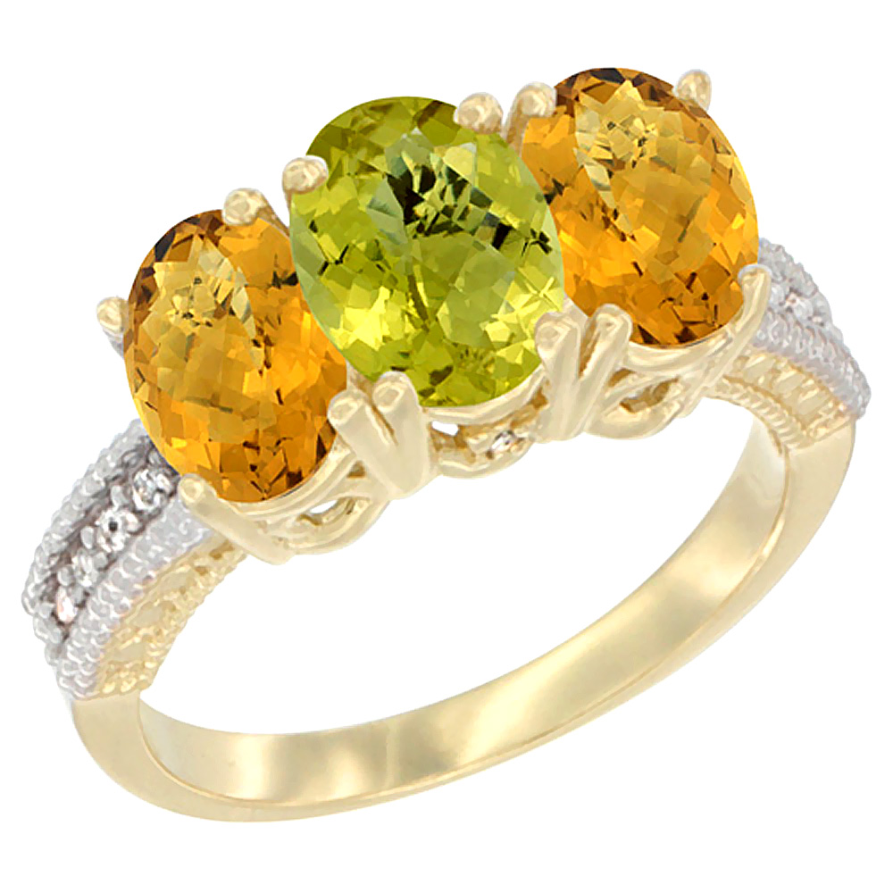 10K Yellow Gold Natural Lemon Quartz & Whisky Quartz Sides Ring 3-Stone Oval 7x5 mm Diamond Accent, sizes 5 - 10
