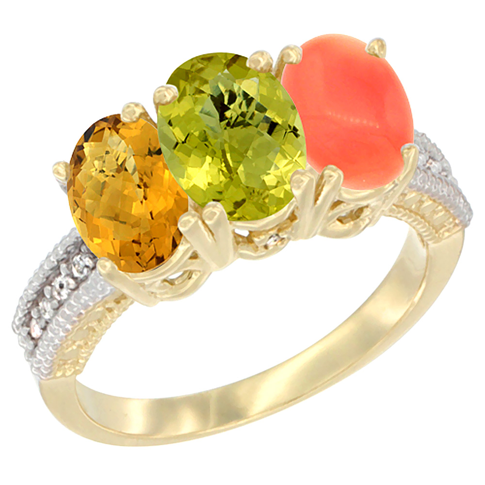 10K Yellow Gold Natural Whisky Quartz, Lemon Quartz & Coral Ring 3-Stone Oval 7x5 mm Diamond Accent, sizes 5 - 10
