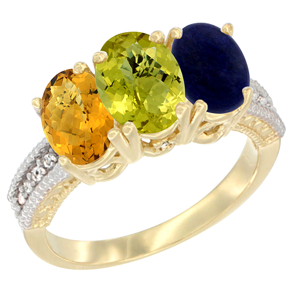10K Yellow Gold Natural Whisky Quartz, Lemon Quartz & Lapis Ring 3-Stone Oval 7x5 mm Diamond Accent, sizes 5 - 10