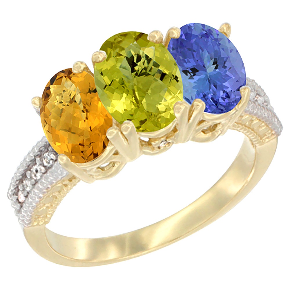 10K Yellow Gold Natural Whisky Quartz, Lemon Quartz & Tanzanite Ring 3-Stone Oval 7x5 mm Diamond Accent, sizes 5 - 10