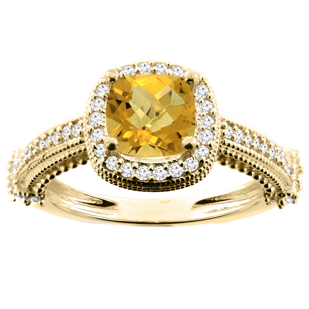 14K White/Yellow/Rose Gold Natural Whisky Quartz Ring Cushion 7x7mm Diamond Accent 7/16 inch wide, size 5