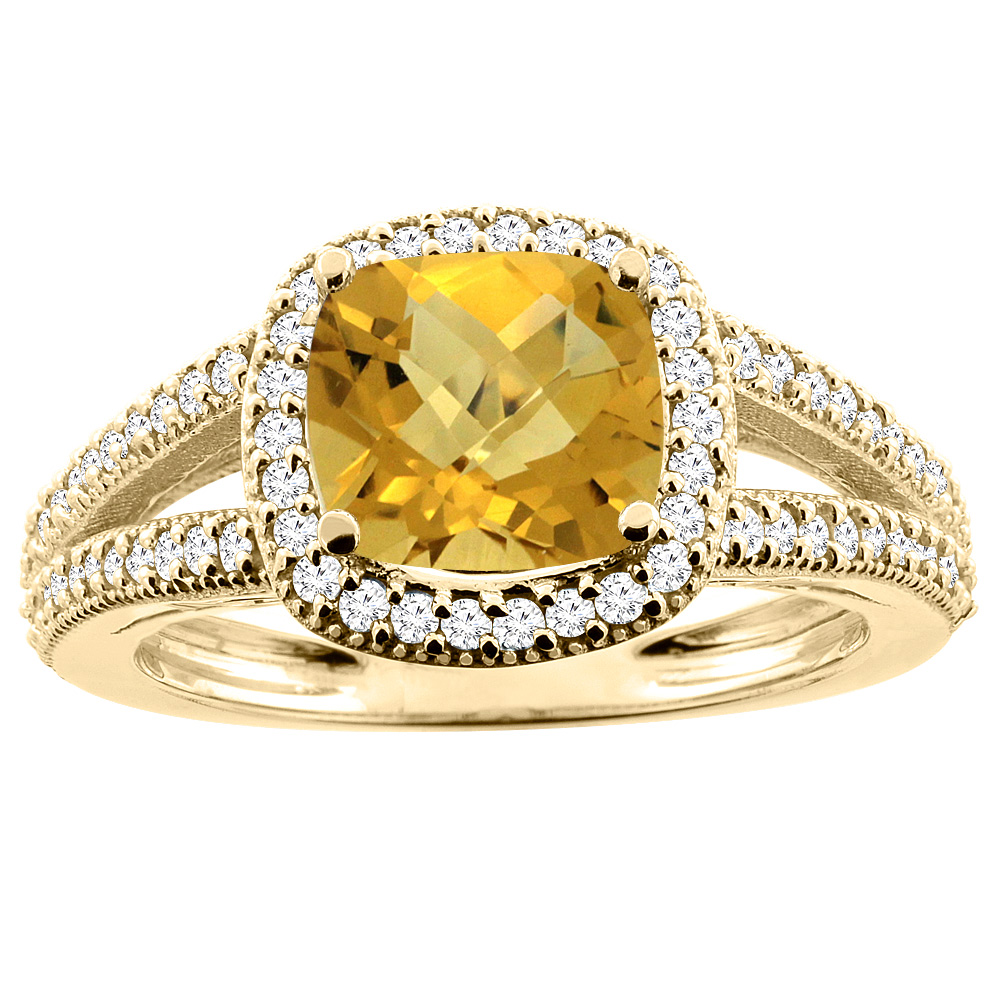 14K Yellow Gold Natural Whisky Quartz Ring Cushion 7x7mm Diamond Accent 3/8 inch wide, sizes 5 - 10