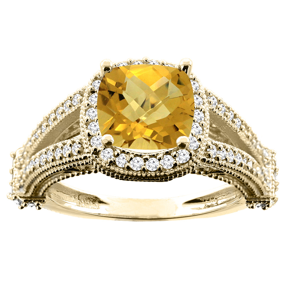 14K White/Yellow/Rose Gold Natural Whisky Quartz Split Shank Ring Cushion 7x7mm Diamond Accent, sizes 5 - 10