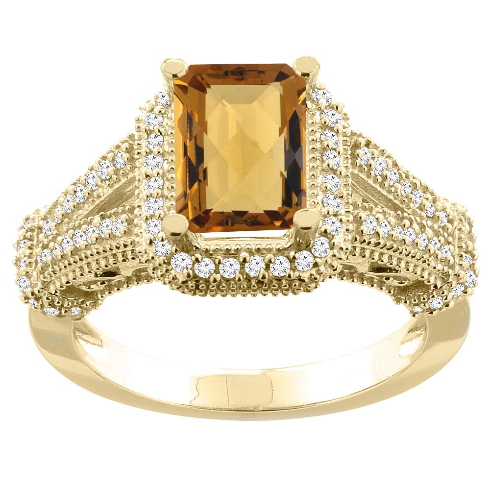 14K White/Yellow/Rose Gold Natural Whisky Quartz Ring Octagon 8x6mm Diamond Accent, sizes 5-10